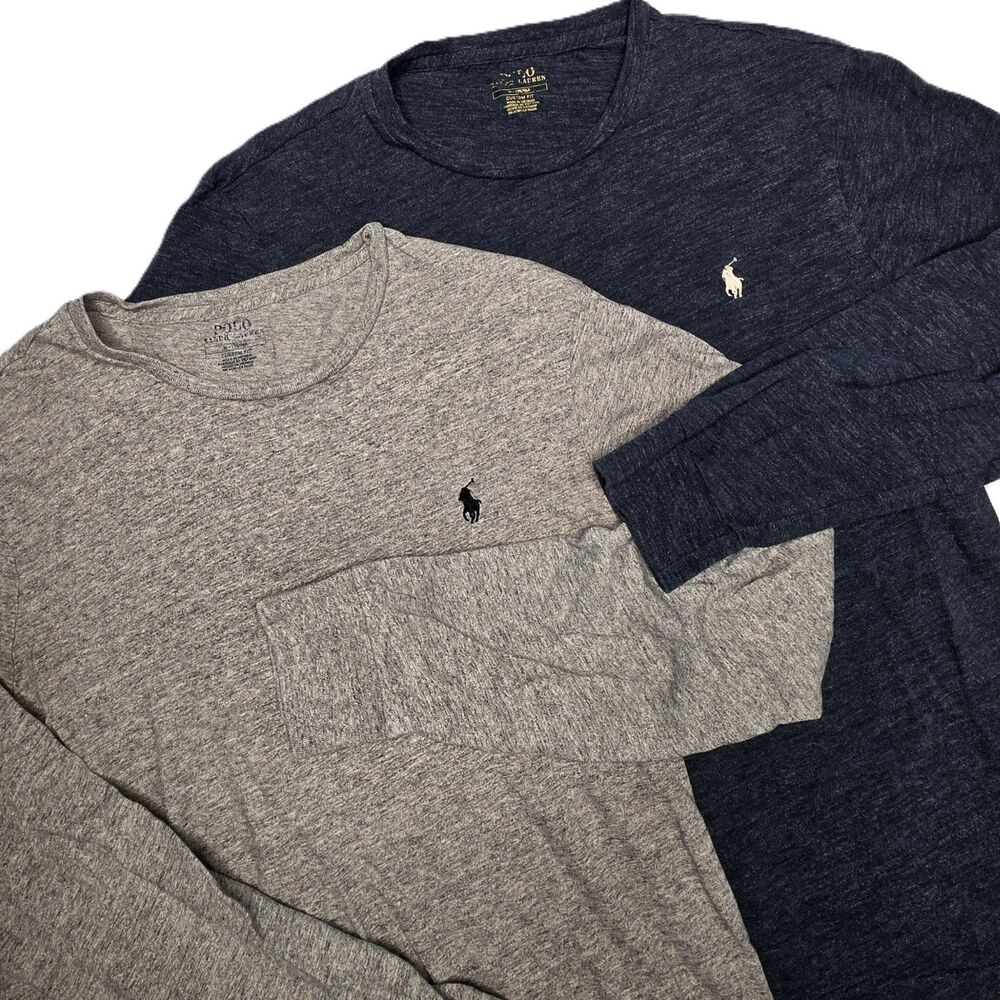 (LOT OF 2) Polo Ralph Lauren Mens M Custom Fit Long Sleeve Shirt Blue Gray Crew